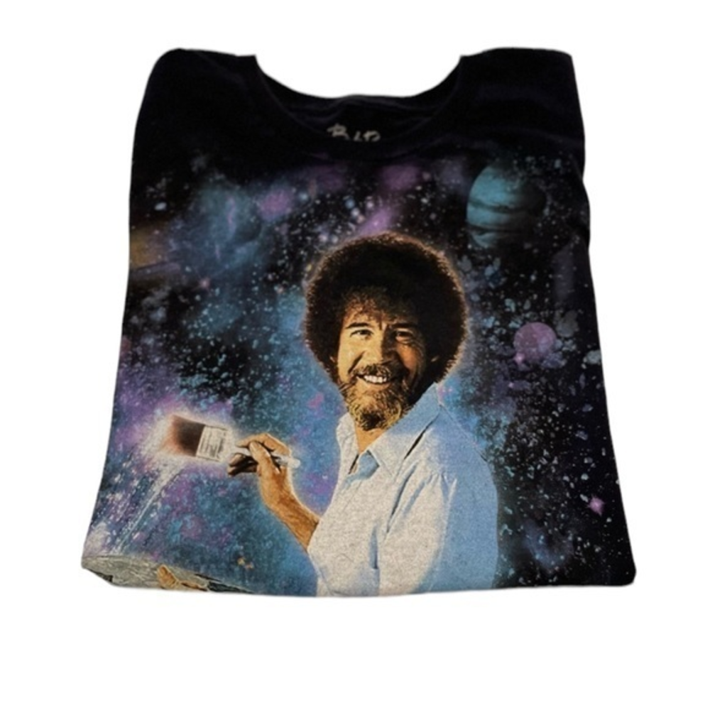 Bob Ross Galaxy Space Graphic‎ T-Shirt Mens Small Black Cotton Retro Art Tee S